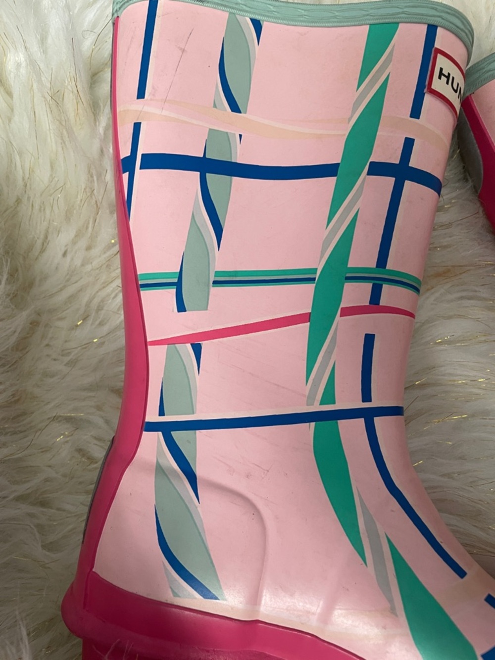 Hunter Pink and Teal Patterned Kids Rain Boots - Picture 6 of 13